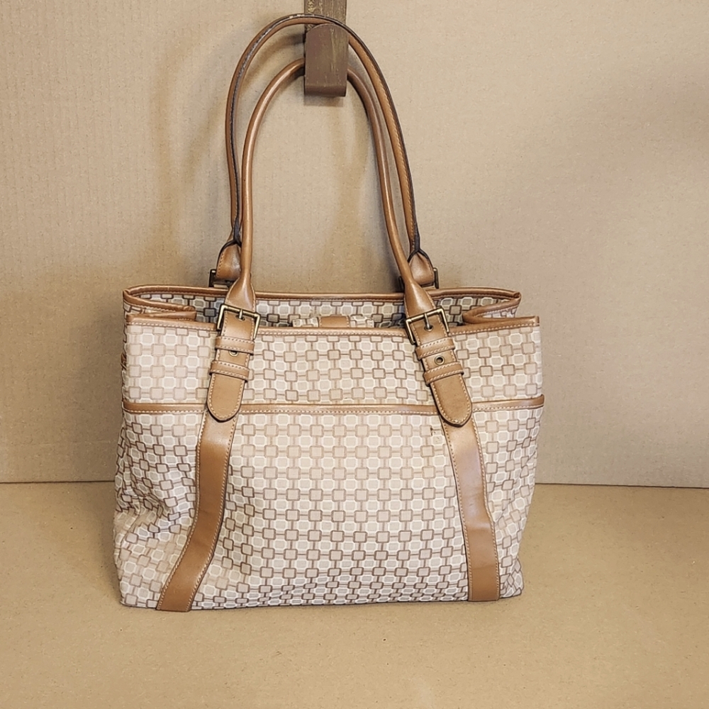 Nine West Camel Fabric and Leather Shoulder Tote Bag Lots Of Pockets